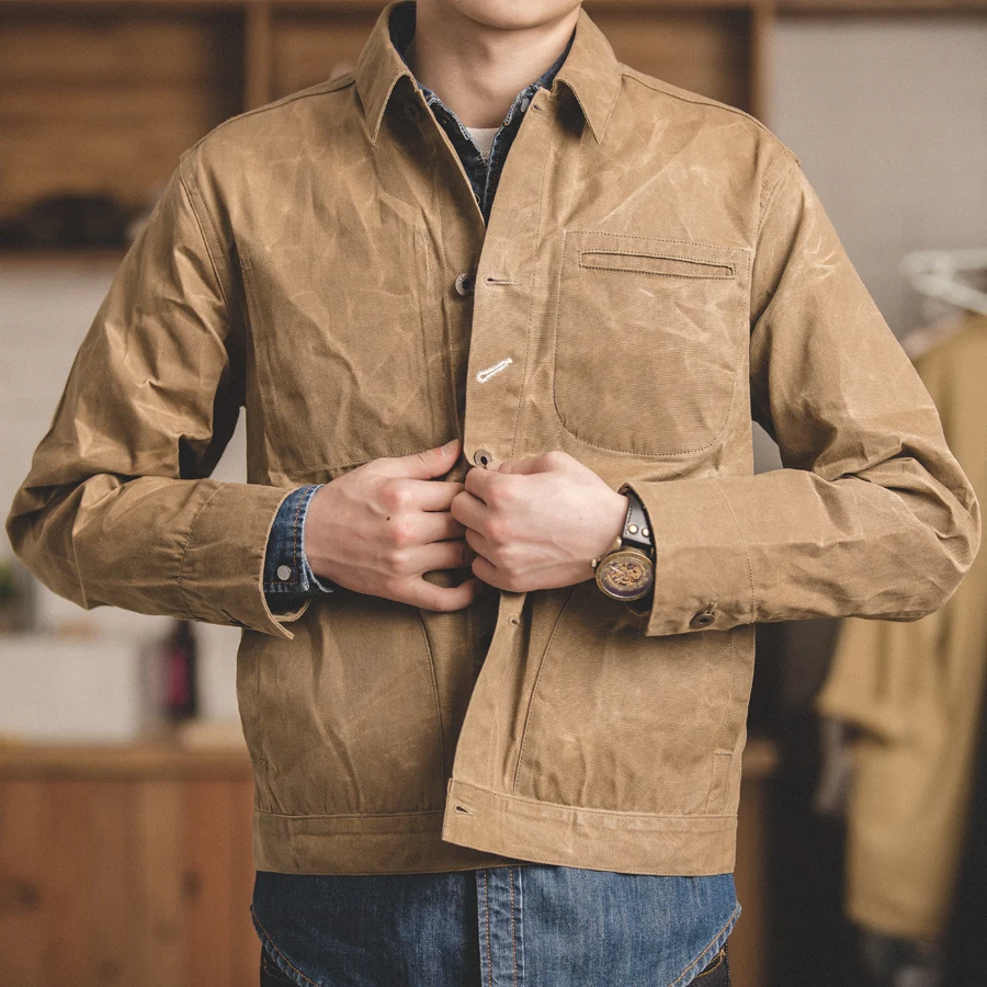 

Waxed Maden To Uniform Khaki Cotton Light Jackets 3XL Man Coats Work Casual Canvas Retro Male Jacket Size Clothing Military