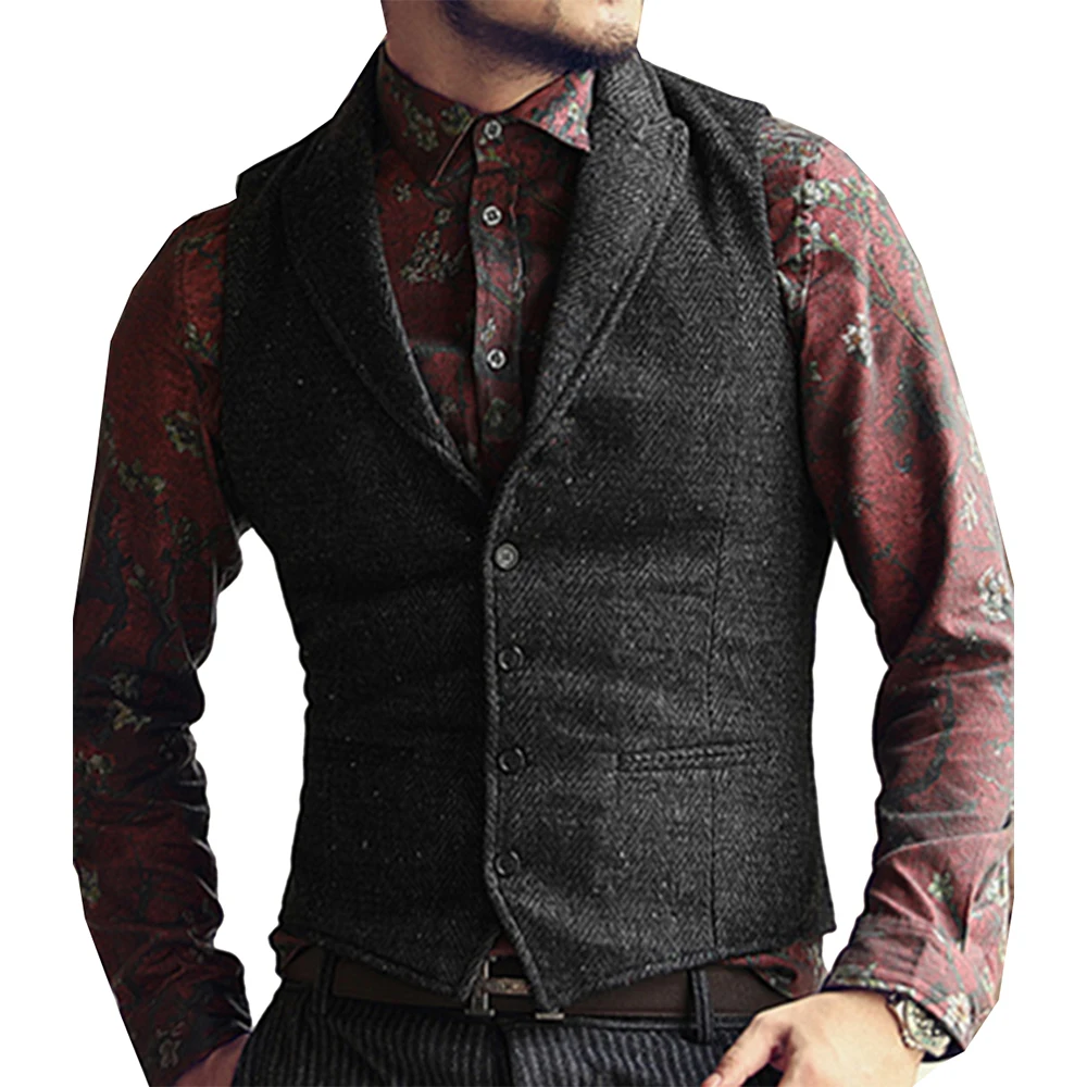 

Men's Classic Suit Vest Herringbone Pattern Business Waistcoat Notch Lapel Steampunk Wool Tweed Groomsmen Vests For Wedding