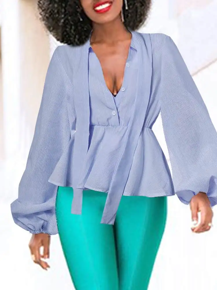 

Модная женская блузка 2022, весенние офисные женские полосатые топы ZANZEA, повседневные трапециевидные бандажные блузки большого размера с пыш...