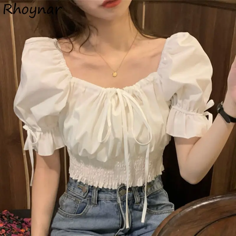 

Blouses Women Hotsweet Casual Bandage Designer Graceful Girlish New Summer Vintage Puff Sleeve Korean Style Crop Tops Solid Slim
