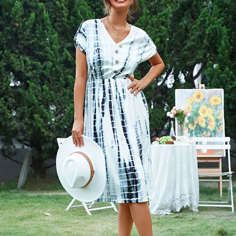 

[Teresa] 2022 women's fashion retro women's print tie-dye white forest dress breathable and light