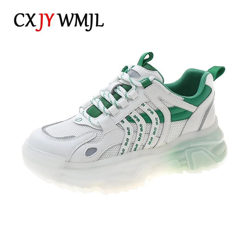 

Новинка, женские массивные кроссовки CXJYWMJL из натуральной кожи, сезон весна-лето, сетчатая повседневная спортивная обувь на толстой вулкани...