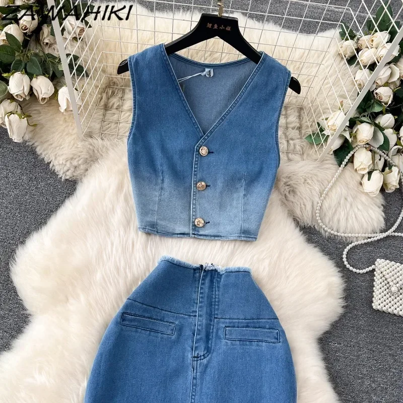 Женский винтажный Джинсовый комплект из двух предметов Элегантный жилет с