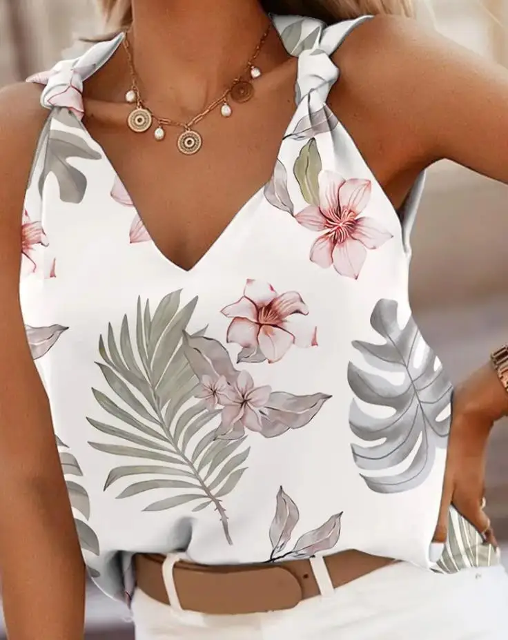 

2022 Summer Women's Tank Tops Casual Tropical Print Knotted Detail V-Neck Tank Top Female Basics Sleeveless T Shirt Vest