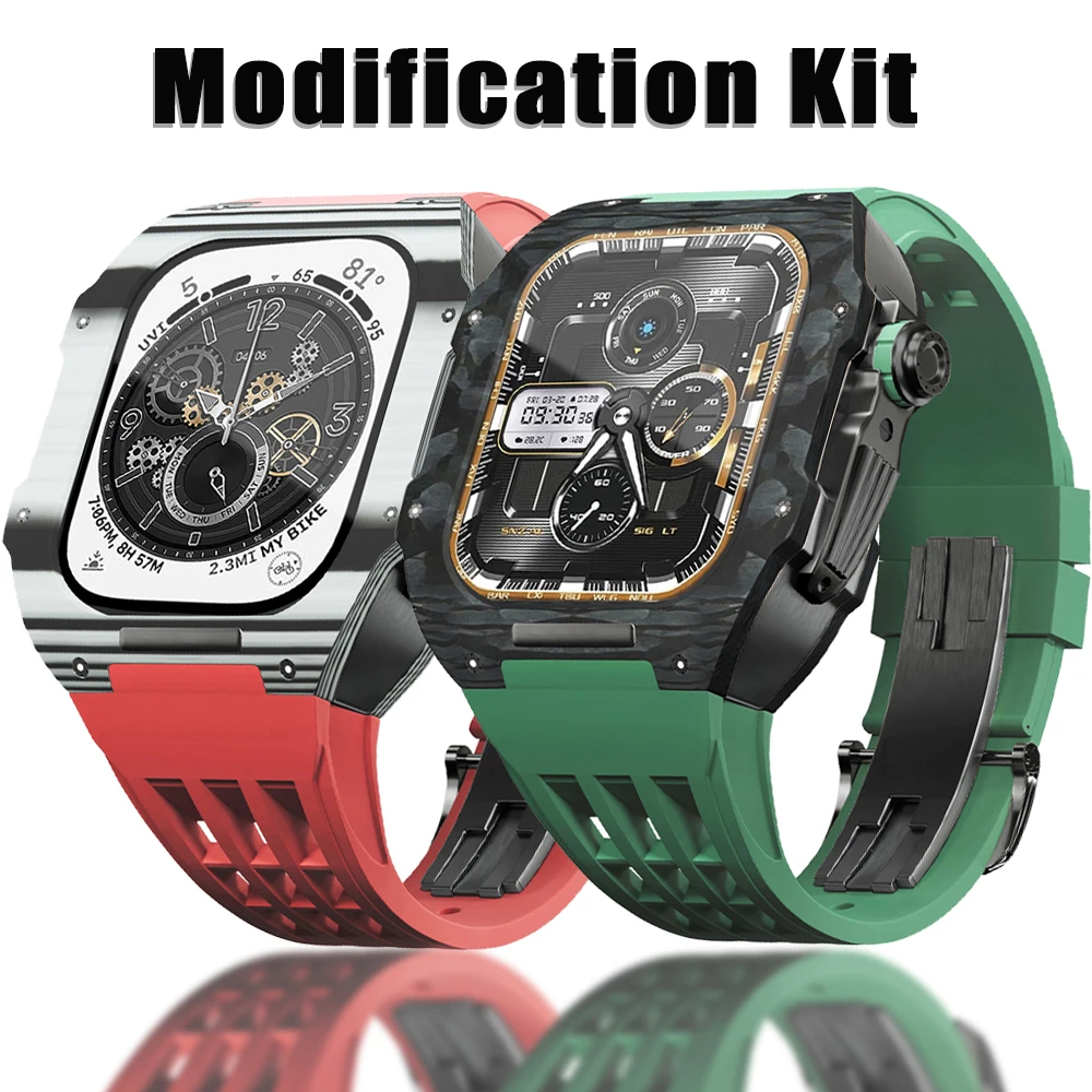 

45mm 44mm Carbon Fiber Case for Apple Watch Modification Kit for Apple Watch 8 7 6 5 Se Fluororubber Silicone Strap Accessories