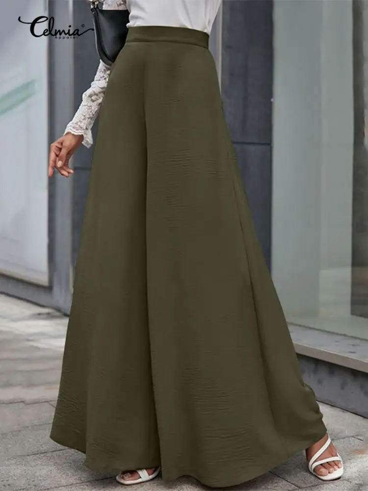 

Celmia Fashion Summer Wide Leg Pants Streetwear Wrinkle Loose Zipper Pantalon Elegant High Waist Women Solid Color Long Trousers