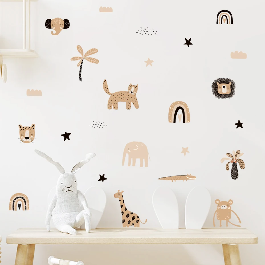 

Boho Cartoon Rainbows Star Funny Animal Faces Watercolor Nursery Sticker Wall Decals Art Print Kids Boys Girls Room Home Decor