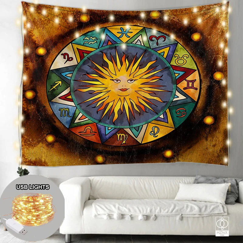 

Sun and Moon Mandala Tapestry with Lights Wall Hanging India Boho Style Tapestries for Bedroom Decor Aesthetic Room Decorations