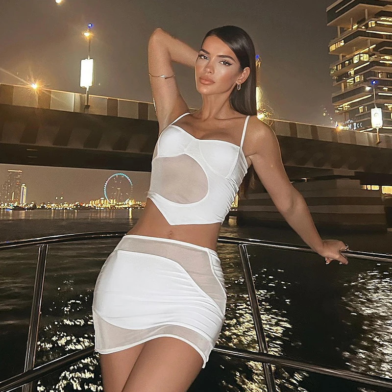 

Dress Sets New In Matching Summer Women Two Piece Tank Short Crop Top Mesh Mini Elegant Party Streetwear Chic Sexy Vests Skirts