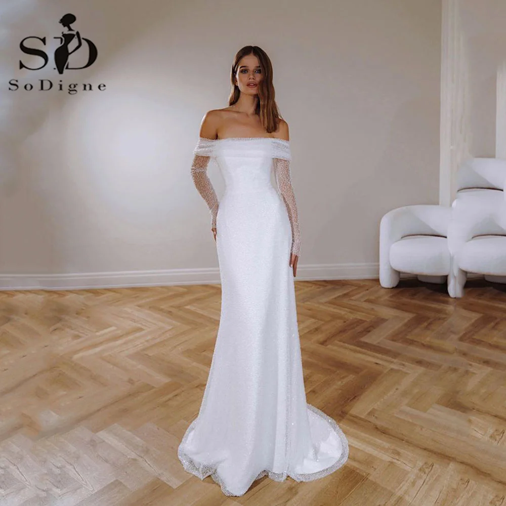 

SoDigne Off Shoulder Glitter Women Mermaid Wedding Dresses Pleats Long Shiny Sleeves Bodycon Boho Bridal Gowns For Women