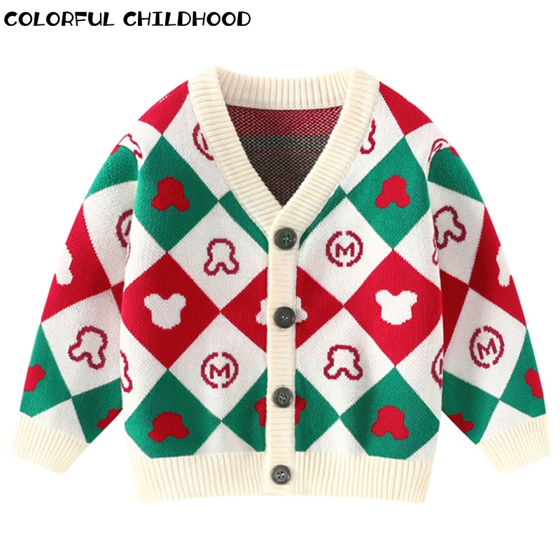 

Colorful Childhood Girls V-Neck Cardigan Spring Boys Double Layer Thermal Sweater Cartoon Matching Cotton Jacket 4216