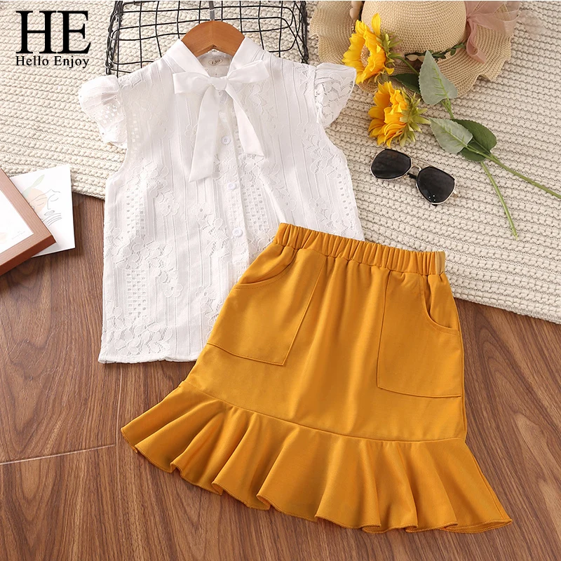 

HE Hello Enjoy Teenagers Girl Clothing Set 2022 New Fly Sleeve Lace Cutout Shirt Ruffle Skirt 2pcs Outfit Princess Sweet Party