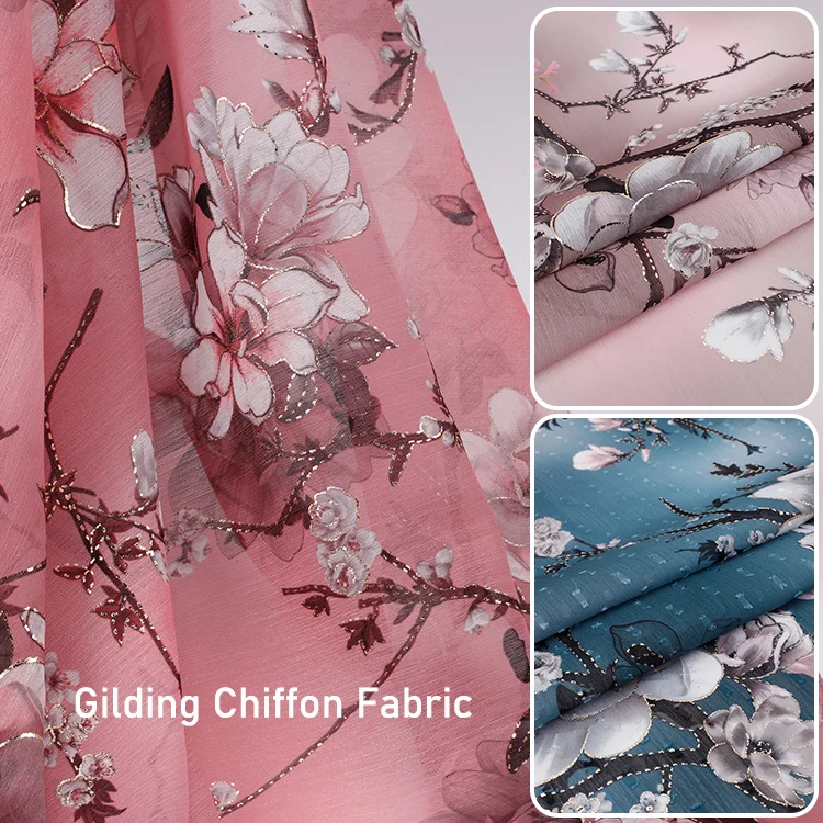 

1M Antique Hanfu Fabric 75D Flower Bronzing Printing Crepe Chiffon Soft Tulle Fabrics Georgette Women Dress Sewing Material