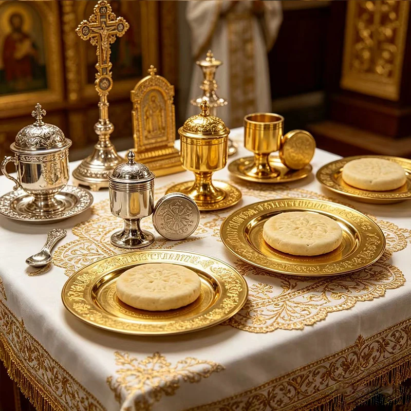 Фото Православный алтарный набор: золотая и серебряная металлическая икона, чаша для святого масла с ложкой для церковных принадлежностей, византийский религиозный подарок. №2