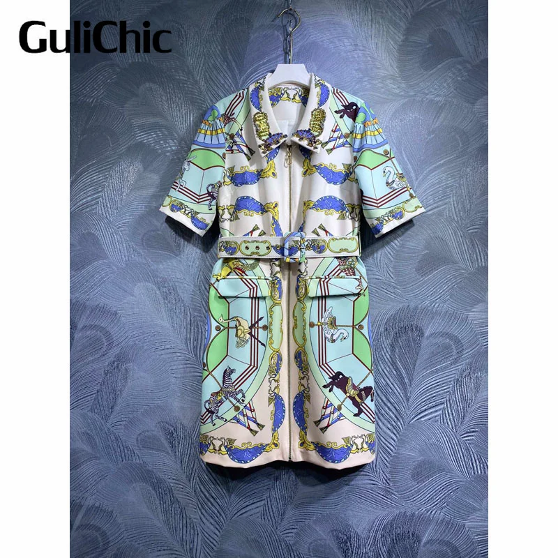 

4,25 GuliChic модное платье с отложным воротником, украшенное бисером и блестками, с поясом, с коротким рукавом, на молнии, женское платье