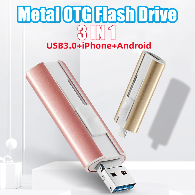 

2023 New Free Custom Laser Engraving LOGO Color Metal OTG 3 IN 1 Flash Drive iPhone+ Android+ USB3.0 256GB 128GB 64GB 32GB