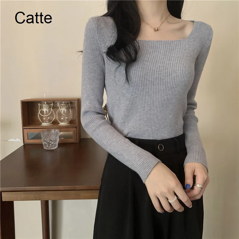 

Women Square Neck Knitted Sweaters Autumn Winter Slim Pullover Soft Loose Casual Knit Warm Fashion Basic Tops