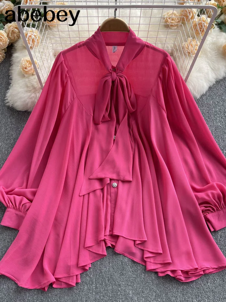 

Vintage Solid Chiffon Blouse Shirts Women New Korean Pearl Button Loose Shirt Tops Female Hollow Casual Ladies Blouses Blusas