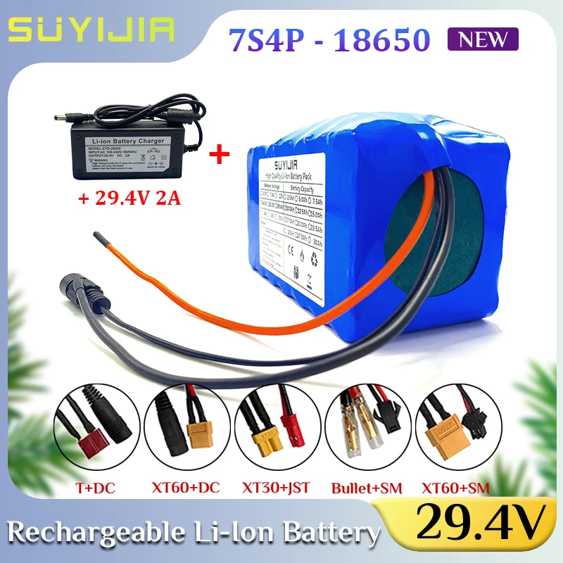 

18650 24V 7S4P 10Ah Battery Pack 29.4V 10000mAh BMS for Electric Bicycle Moped Electric Scooter Wheel Chair 29.4V 2A Charger