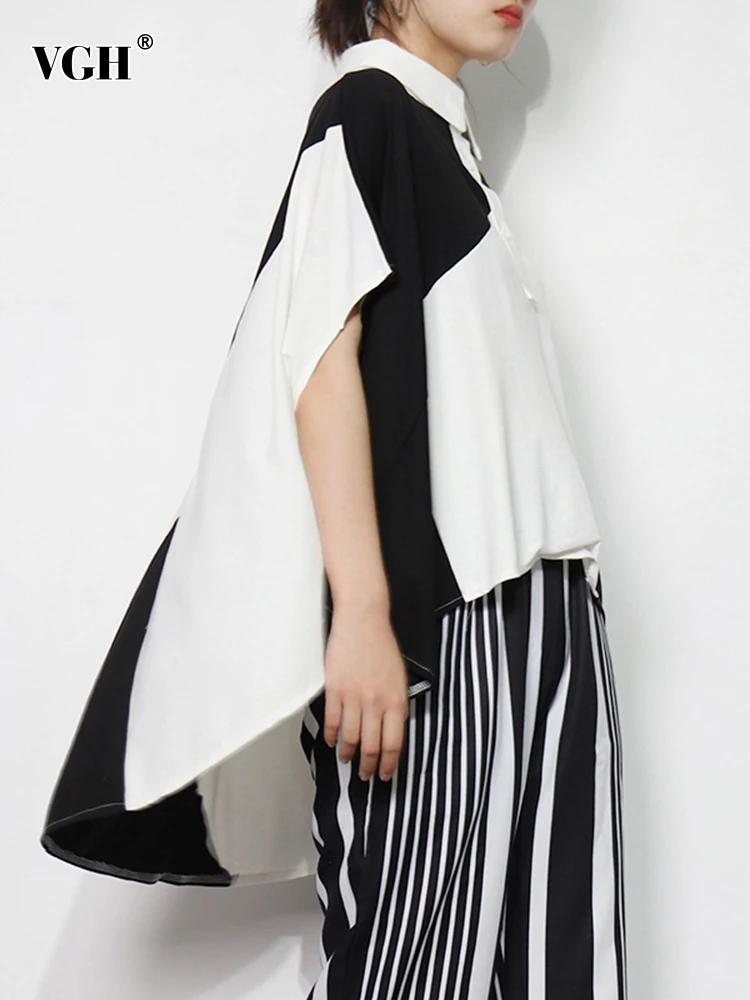 

Женская футболка с отложным воротником VGH, Повседневная Свободная футболка с рукавами-фонариками и пуговицами в стиле пэчворк, Стильная лет...