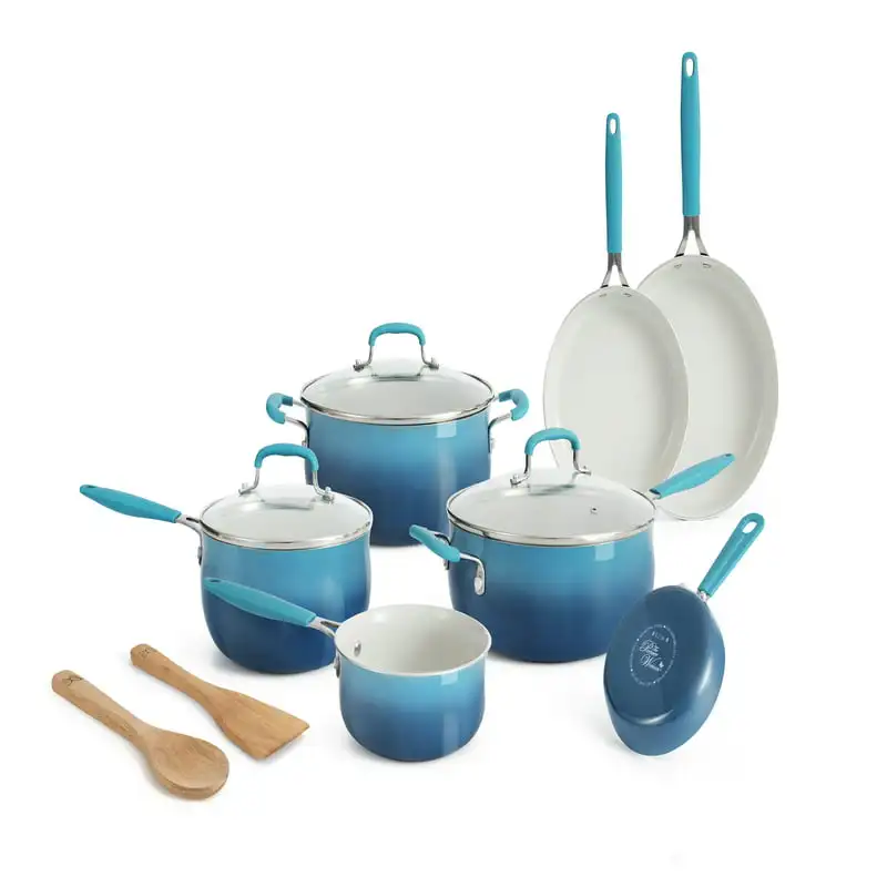 

12-Pieces Porcelain Enamel Classic Ceramic Cookware Set, Ombre Teal Kitchen Cooking Accessories