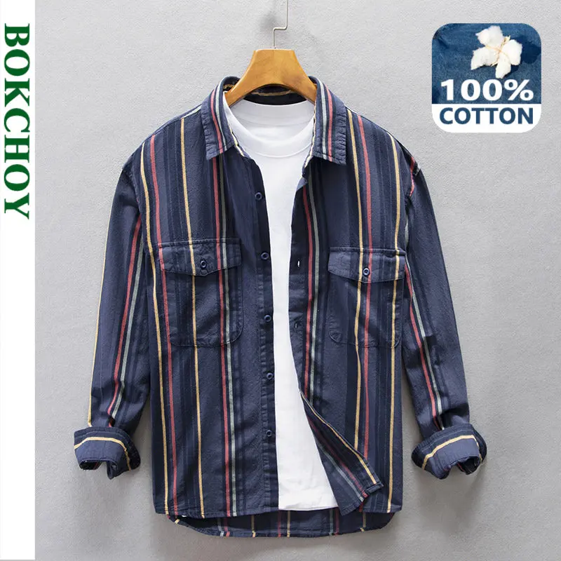 

2022 Autumn Winter New Men's Loose Casual Striped Shirts Large Pockets Fashionable Cotton Comfort Tops AZ205