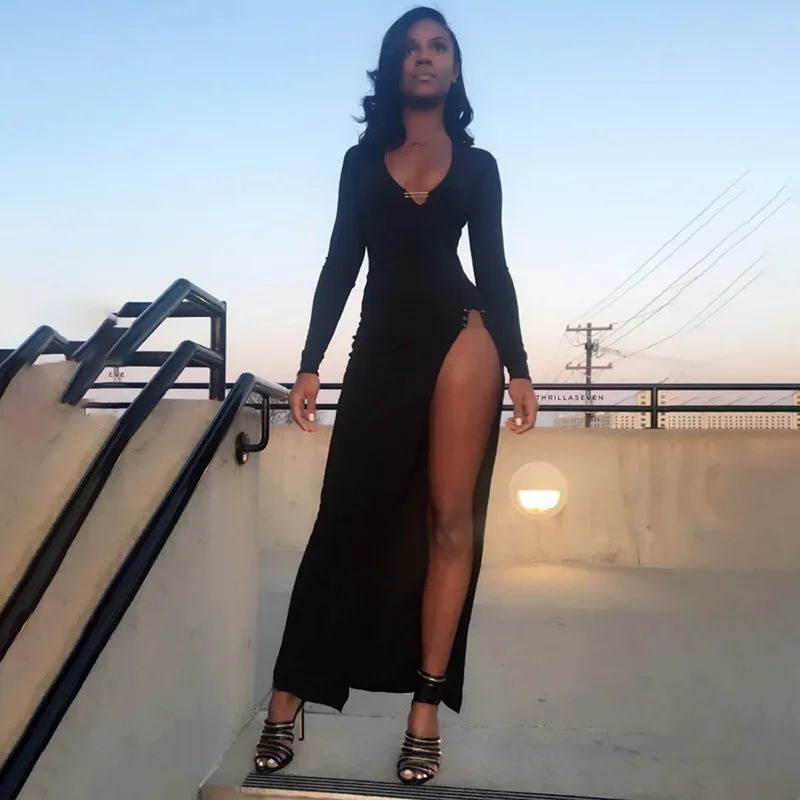 

European and American Fashion SexyvCollar High Waist Slit Long Sleeve Dress All-Matching Slim Fit Slimming Solid Color Bottoming