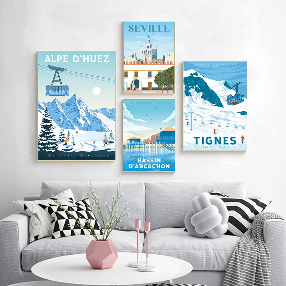 Скандинавский постер для путешествий с изображением Санторини Севильи арканон