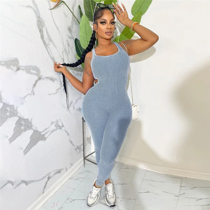 

Трикотажный Облегающий комбинезон в рубчик для йоги, женский сексуальный обтягивающий комбинезон без рукавов с открытой спиной для тренировок, Женский Повседневный спортивный комбинезон