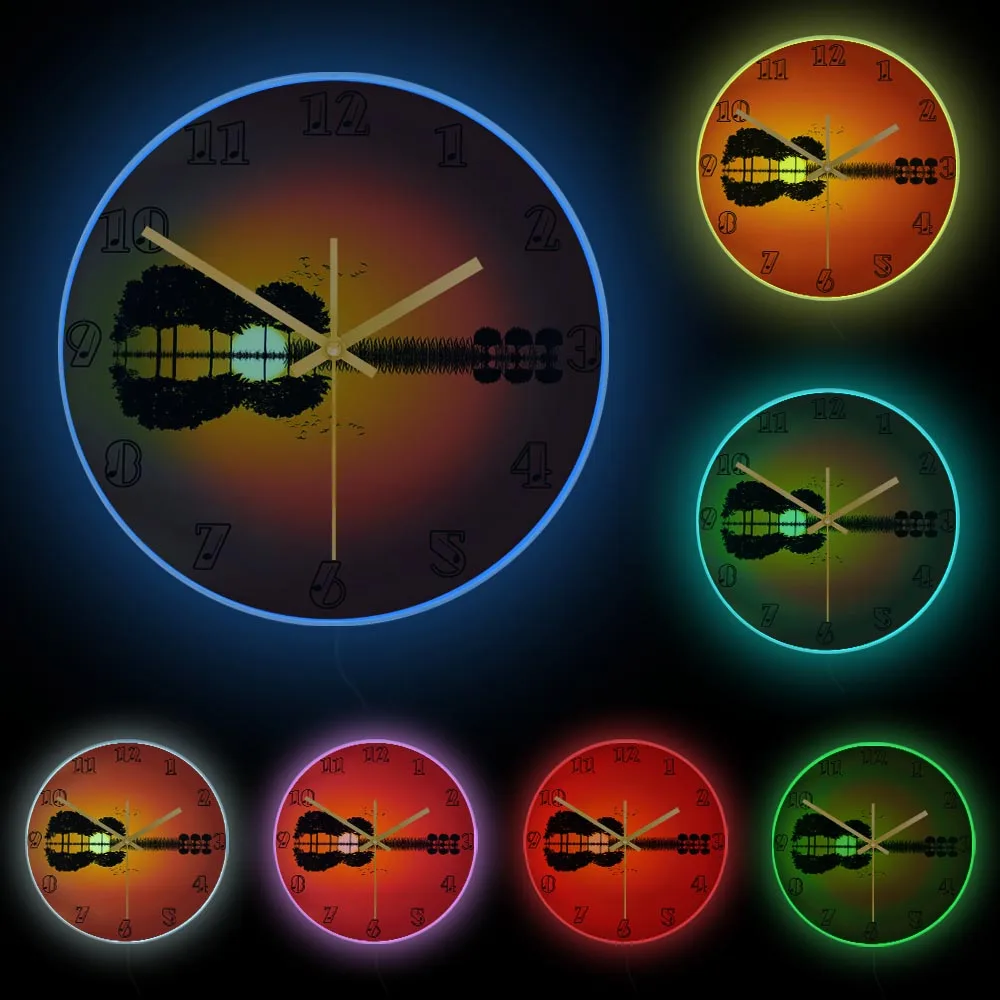 Гитара остров пейзаж на закате искусства декоративные настенные часы Сумерки