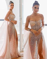 2022 sparkly rose gold sequined prom evening dresses sexy high side split chiffon gown luxury robes de soir%c3%a9e vestidos de gala