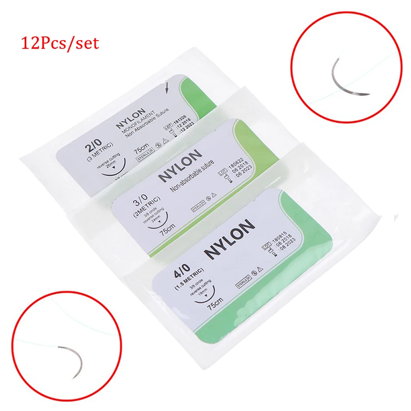 

12 PCS 2/0 3/0 4/0 Needle Suture Nylon Monofilament Non-injured Suture Medical Thread Suture for Medical Surgical Suture Tool