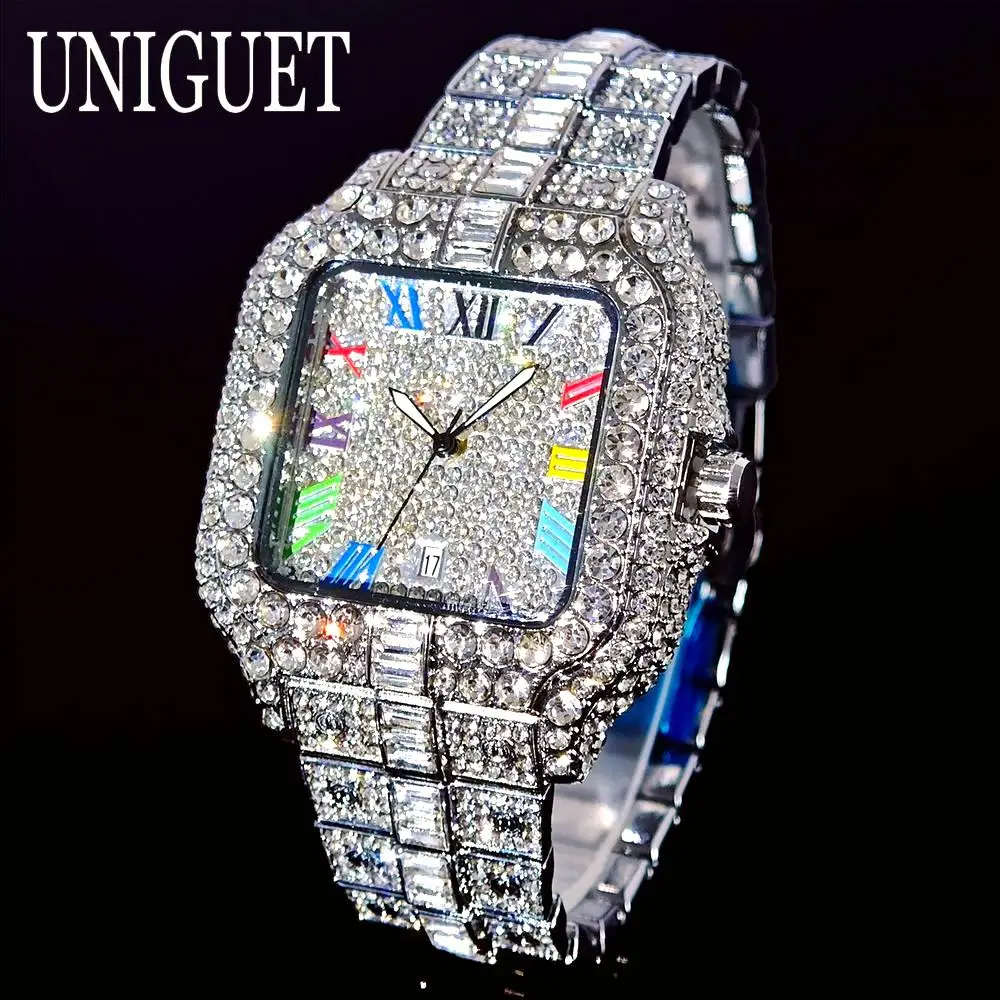 UNIGUET Роскошные ледяные часы для мужчин, модные цветные римские литературные квадратные часы, мужские ювелирные часы в стиле хип-хоп с бриллиантами, наручные часы Reloj (art.: 3920d35a2a4fc) - 3920d35a2a4fc