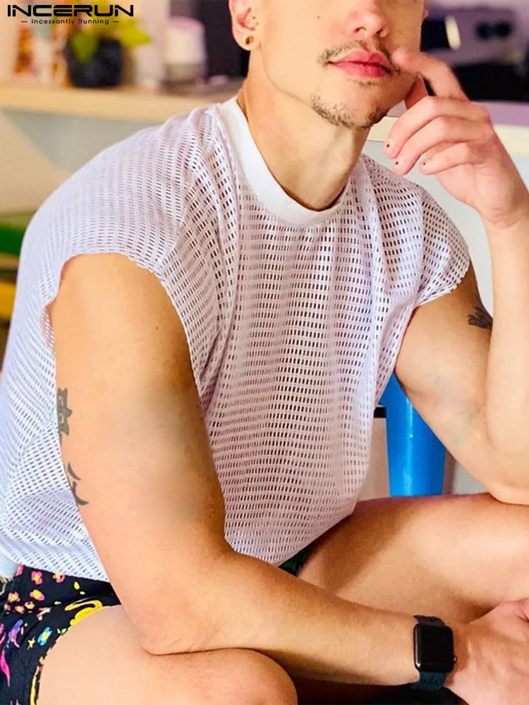 

Party Nightclub Style New Men Vests See-through Mesh Waistcoat All-match Simple Hollow O-Neck Tank Tops S-5XL INCERUN Tops 2022
