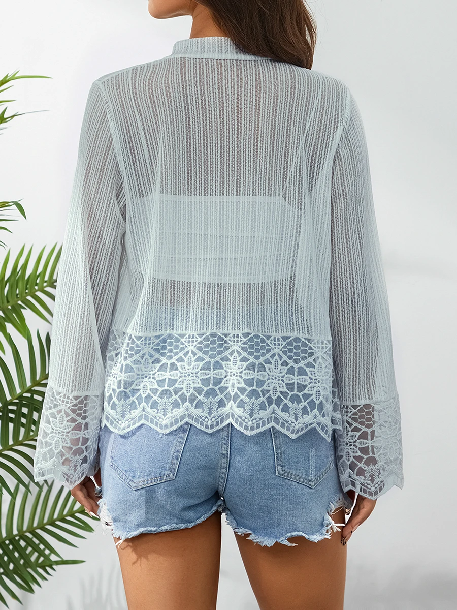 Женский весенне-летний кружевной тонкий кардиган вязаный крючком сетчатый