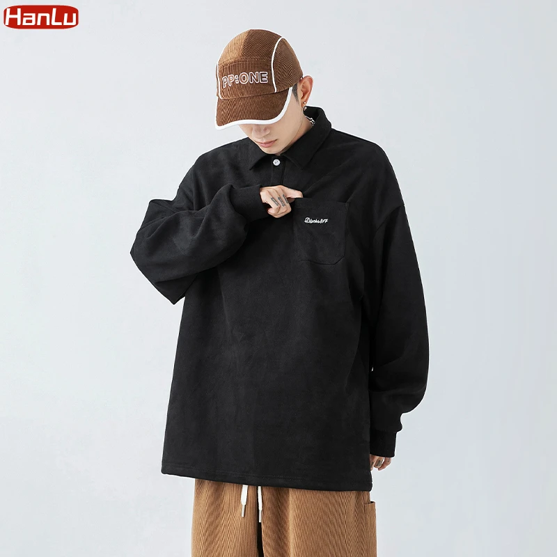 

Men Sweatshirts Suede Lapel Sweater Autumn Winter New Men's clothing Casual Fashion Embroidery Loose Coat streetwear