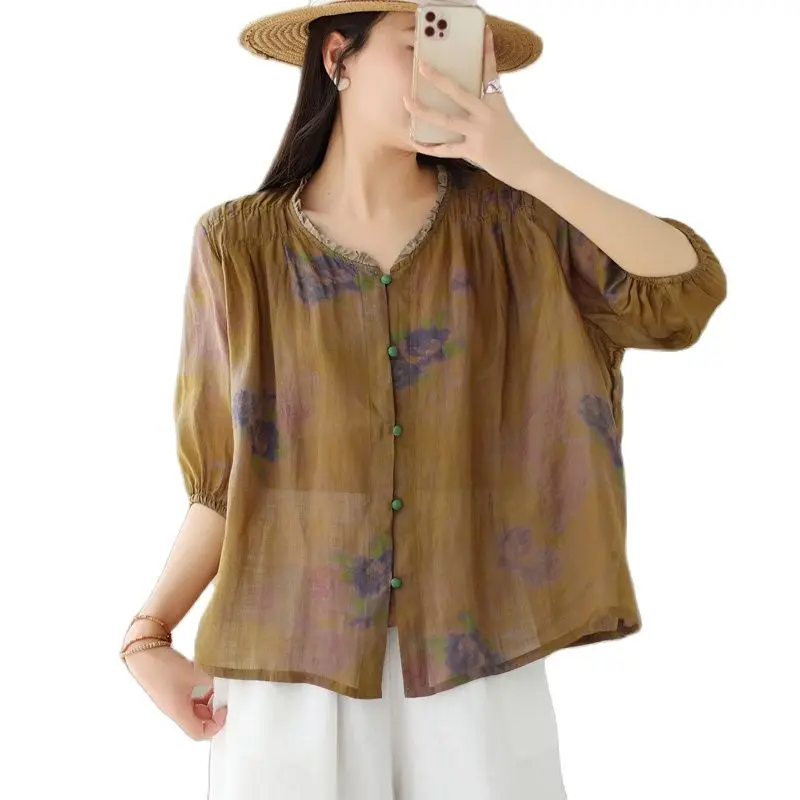 

Винтажная модная льняная женская блузка с рукавами три четверти и V-образным вырезом, тонкая прозрачная Летняя женская блузка с цветочным принтом
