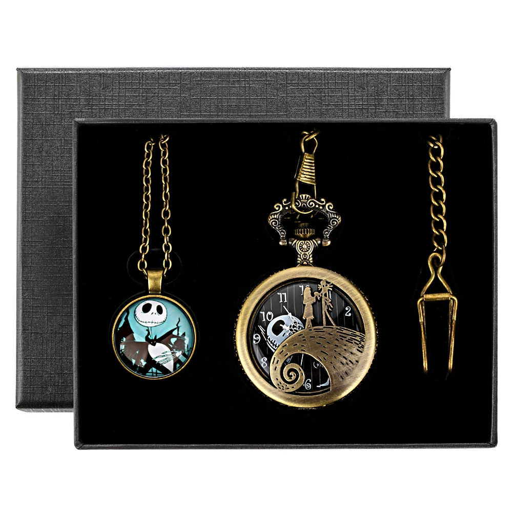 Skull Pocket Watch Necklace Pendant Luxury Gift Set Box Hollow Analog Bronze Quartz Fob Watch Chain Clock Relógio De Bolso