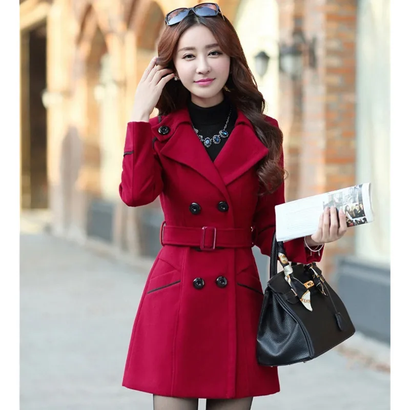 

M-3XL Autumn Spring Wool Jacket Women Double Breasted Coats Elegant Overcoat Basic Coat Pockets Woolen Long Coat Top 200