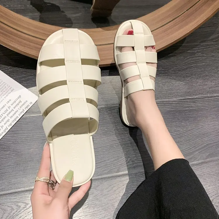

2022 Shoes Female Summer New Wave Hand-woven Vintage Baotou Word Flat Flat Bottom Outdoor Sandals and Slippers
