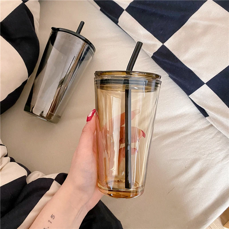 

15oz Coffee Mug Pyrex, Glass with Straw and Lid Reusable Coffee and Milk Mug, Straw Milk Tea Travel Mug Gift