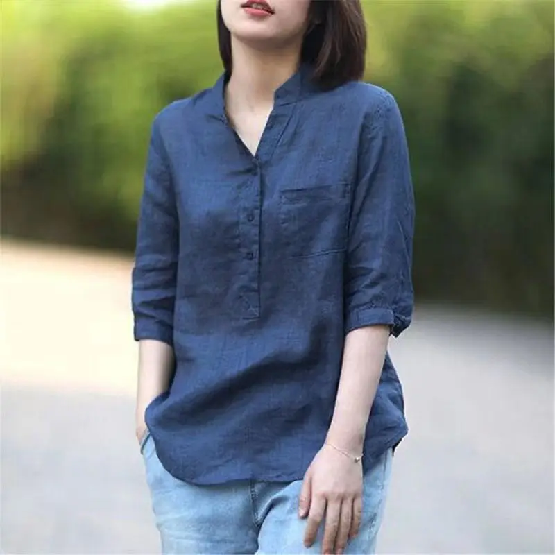 

Retro Casual Shirt Women's Korean Version 2022 Summer New Cotton and Linen Solid Color Shirt Loose Stand Collar Women's Shirt