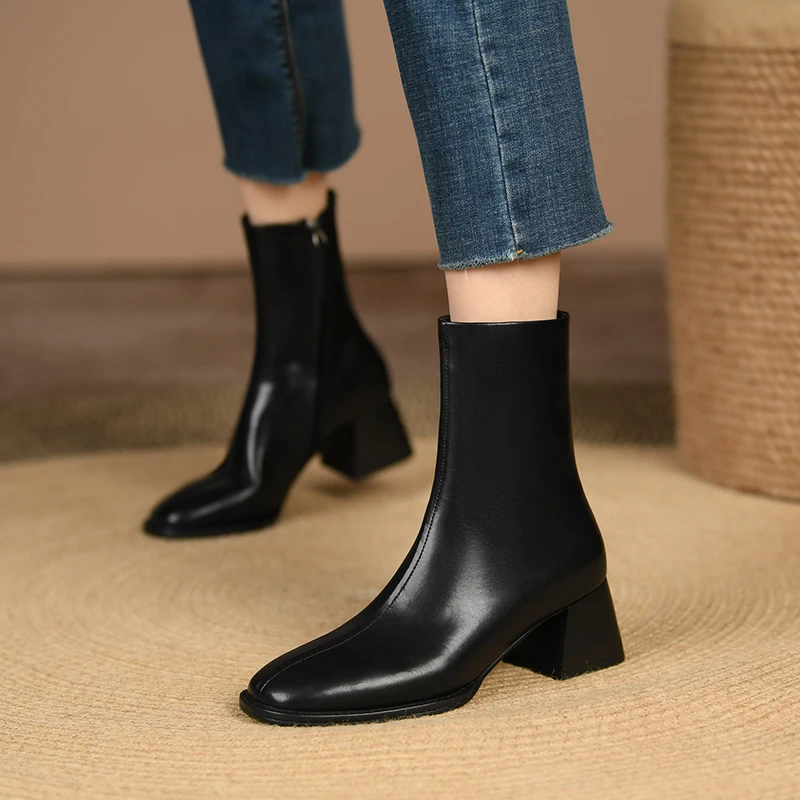 

Genuine Leather Retro Square Toe Zipper Ankle Boots 2023 New Autumn Winter Square Heel All Match Women Shoes Size 34-42