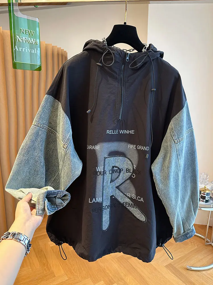 Очень большой размер 300 фунтов европейская ниша свободная джинсовая толстовка с