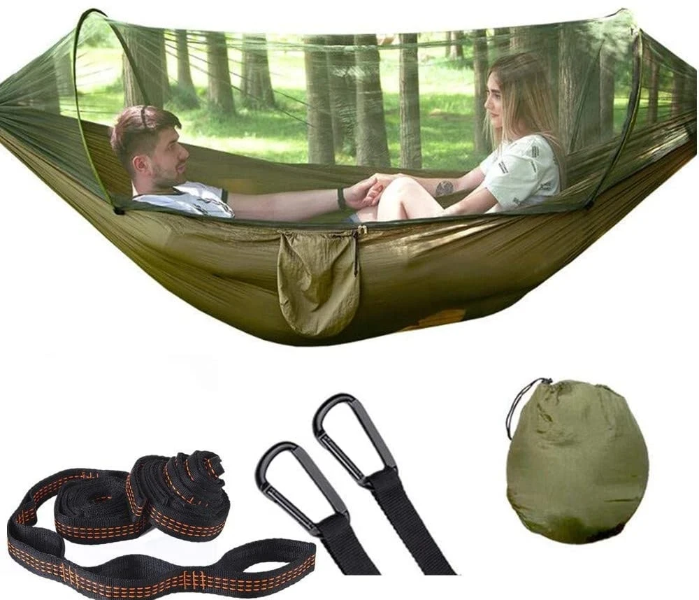 

2 Person Camping Hammock with Mosquito Net Portable Outdoor Parachute Hammocks Nylon Fabric Hanging Bed Sleeping Garden Swing