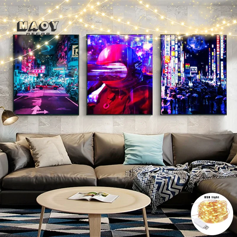 

Neon With Lights Canvas Painting Fantasy Future City Night Poster Market Cyberspace "Good Vibes Only" Wall Room Decor Aesthetic