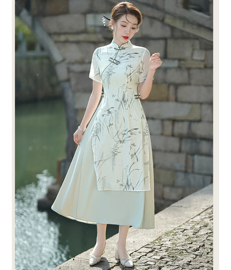 Женское элегантное платье Ципао с коротким рукавом и цветочным принтом