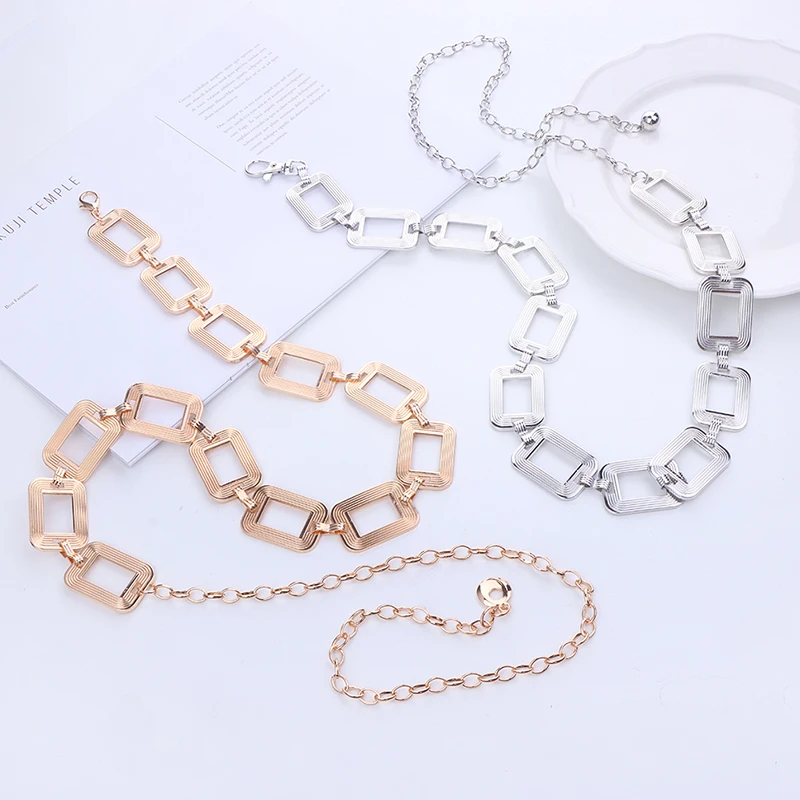 

Fashion Minimalist Hollow Square Buckle Metal Waist Chain For Women Dress Coat Suit Decoration Belts Chain