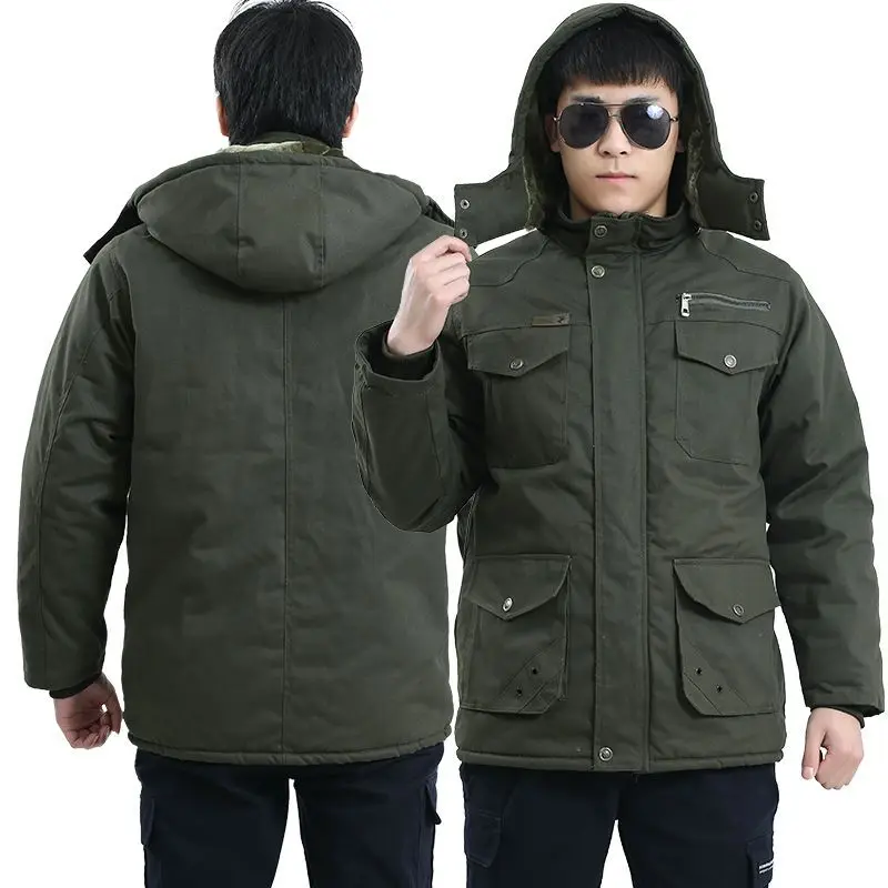 Winter Warm Windproof Labor Protection Top Plush Thickened Cotton Coat Camouflage Electric Welding Machine Repair Work Clothes