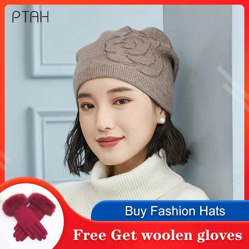 

[PTAH] Knitted Hat Women Winter Hats for Women Ladies Brand Pure Color Outdoor Girls Cap Female Skullies Beanies Warm Woolen Hat